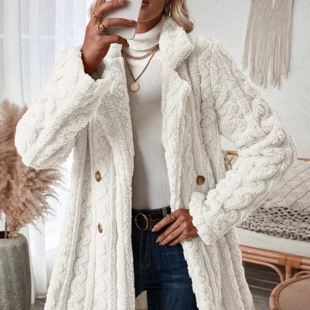 White Preppy Womens Double Breasted Lapel Neck Flannelette Coat - Picture 3 of 5